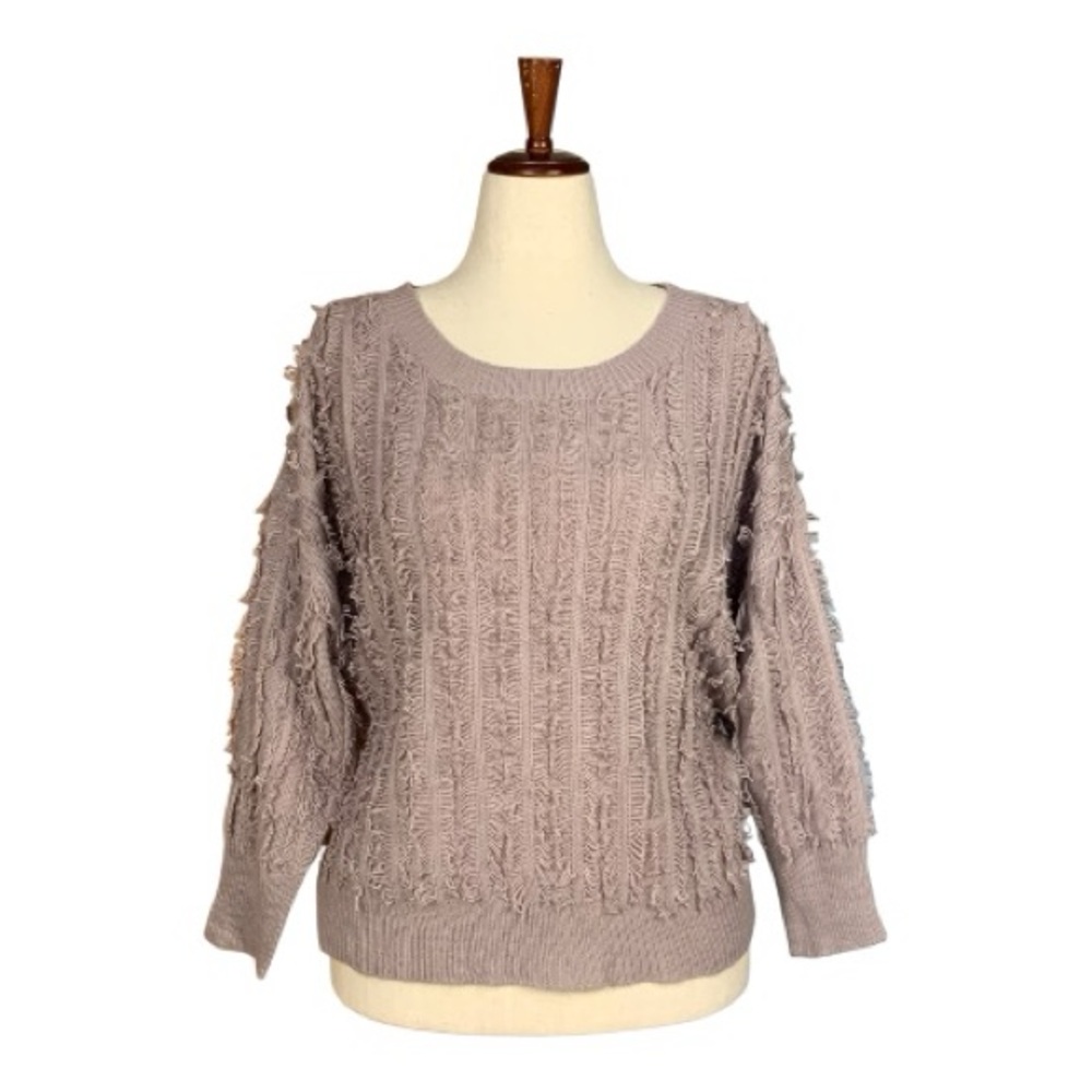 She + Sky Taupe Lightweight Distressed Fringed Textured Knit‎ Sweater Size Small